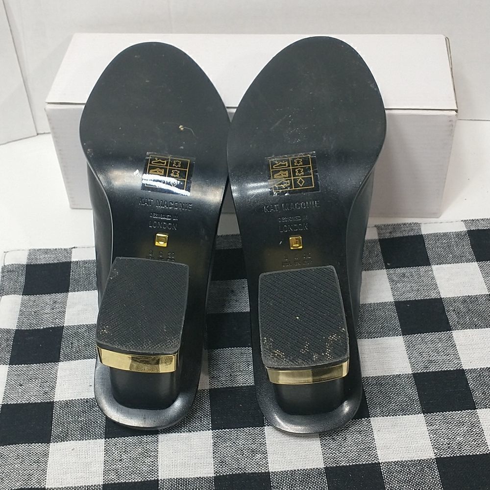 Kat Maconie Womens Sandal Block Heels Shoes Black Leather Slip On Peep Toe 8 - Picture 7 of 10